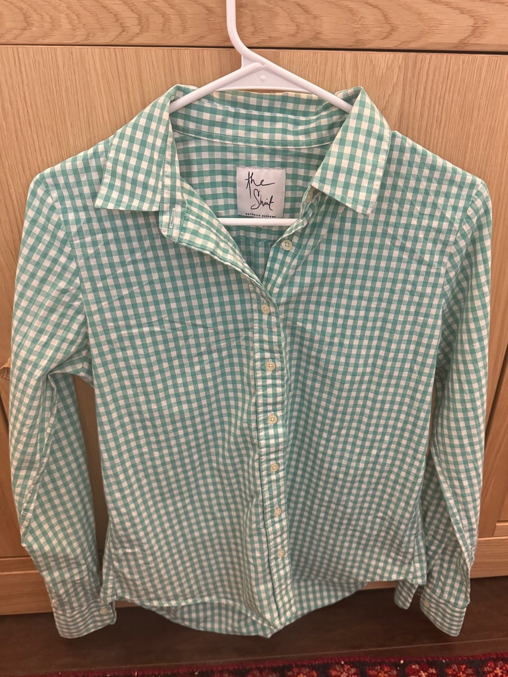The Shirt by Rochelle Behrens — green checkered shirt. Women’s small (S)